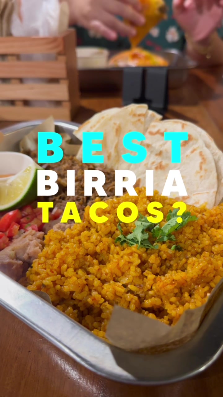 Birria rice and tortilla burrito platter at La Guada Mas
